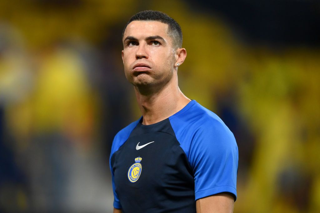 Cristiano Ronaldo of Al Nassr FC reacts during the warm up ahead of the Saudi Pro League match between Al-Nassr and Al-Khaleej at King Saud University Stadium on November 04, 2023 in Riyadh, Saudi Arabia. (Photo by Justin Setterfield/Getty Images)