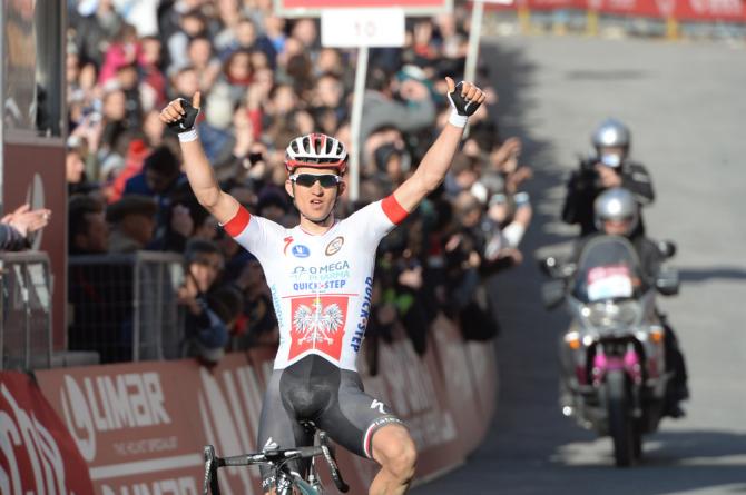 Two thumbs up for 2014 Strade Bianche champion Michal Kwiatkowski (Omega Pharma-QuickStep)