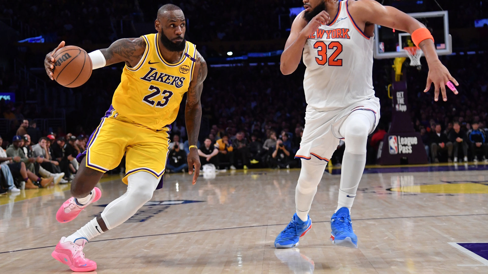 LeBron James of the Los Angeles Lakers dribbles the ball during an NBA game against the New York Knicks. 