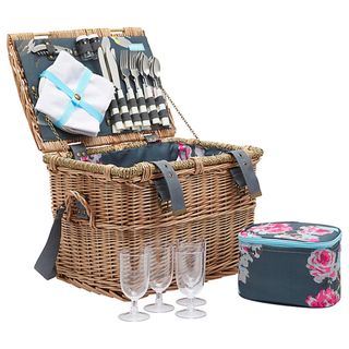 Picnic hamper containing crockery and cutlery, glasses, napkins and a cooler bag