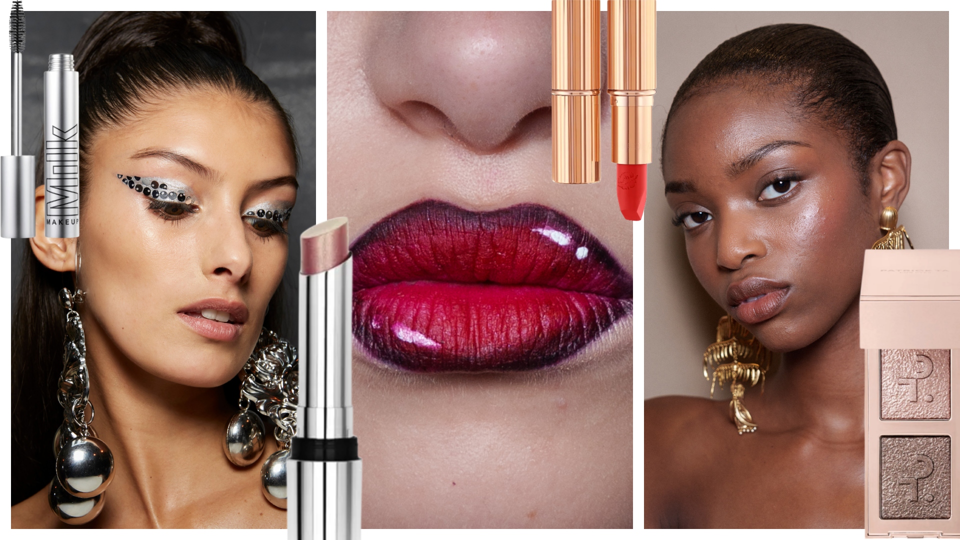 collage of women in holiday makeup looks with a cutout of mascara lip balm and eyeshadow