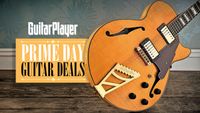 A semi-hollow electric guitar at a jaunty angle with the Guitar Player Prime Day guitar deals logo