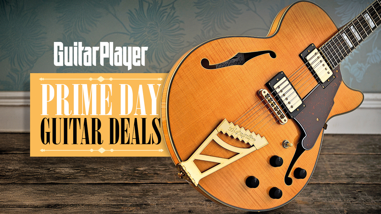 A semi-hollow electric guitar at a jaunty angle with the Guitar Player Prime Day guitar deals logo