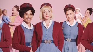 Call the Midwife cast: Nurse Phyllis Crane (LINDA BASSETT), Nurse Lucille Anderson (LEONIE ELLIOTT), Nurse Trixie Franklin (HELEN GEORGE), Nurse Nancy Corrigan (MEGAN CUSACK), Nurse Shelagh Turner (LAURA MAIN)