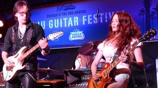Gretchen Menn peforming with Steve Vai during the 3rd annual Malibu Guitar Festival at Casa Escobar on May 19, 2017 in Malibu, California.