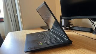 HP Omen 17 gaming laptop on its side with lid open