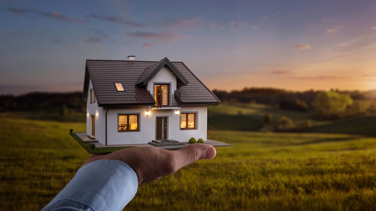 A hand holds a miniature model of a home.