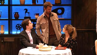 SATURDAY NIGHT LIVE -- Episode 1857 -- Pictured: (l-r) Andrew Dismukes, special guest Glen Powell and host Sydney Sweeney