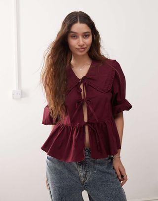 Monki Long Sleeve Frill Collared Peplum Blouse in Burgundy