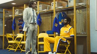 Jason Segel and Solomon Hughes as Paul Westhead and Kareem Abdul-Jabbar talking in the locker room in Winning Time season 2 episode 4