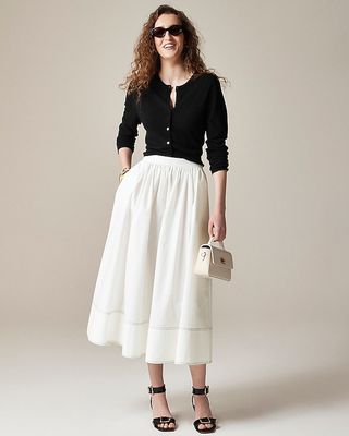 Contrast-Hem Midi Skirt in Cotton Poplin