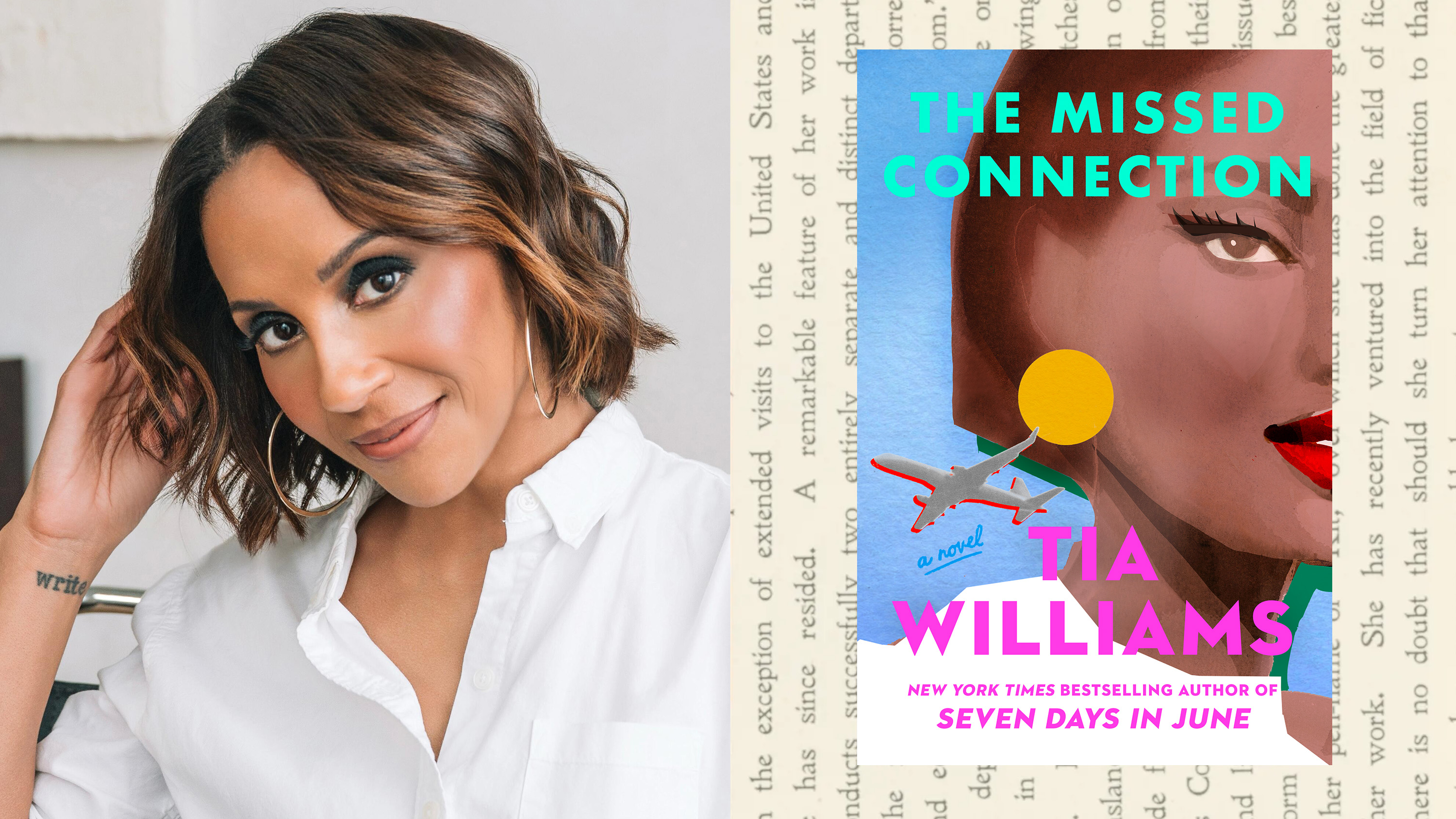 tia williams's headshot as she smiles while resting her head on her hand opposite the cover her novel the missed connection for the marie claire series buy the book featuring her recommendations