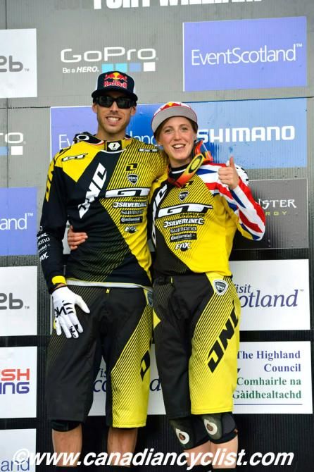 Gee and Rachel Atherton, brother and sister, celebrate both winning the first 2013 Downhill World Cup in Fort William
