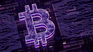 The Bitcoin logo made of circuits in purple against a CGI representation of circuits