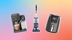 A Mr Coffee coffee maker, Shark vacuum, and Ninja air fryer on a colorful background