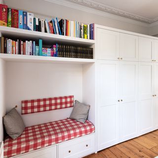bench seat and bespoke storage with book shelves