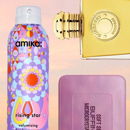 product collage of amika rising star volumizing finishing spray, burberry goddess intense perfume, d.s. & durga x soft services debaser exfoliating bar over sunrise gradient background 