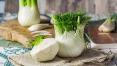 Fresh Florence fennel bulbs whole and chopped on a rustic kitchen table