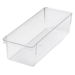 A clear plastic fridge organizer bin