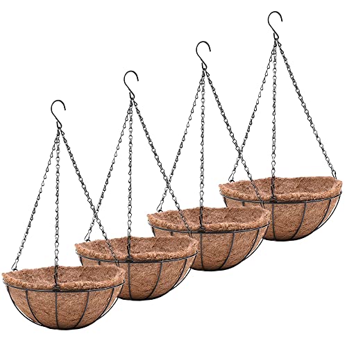 14 Inch Metal Hanging Baskets for Plants Outdoor 4 Pack Round Metal Wire Hanging Basket Planter With Coco Fiber Liners Chain Round Wire Plant Holder for Garden, Patio, Deck, Porch Plants Flower Potss