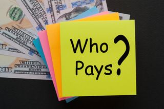 colorful post-it notes with "who pays?" written on the top one, with one hundred dollar bills