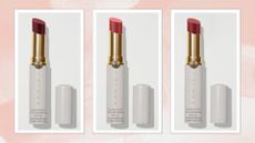 A selection of three Tatcha Kissu lip tints in a range of shades, pictured in a pink watercolour-style template