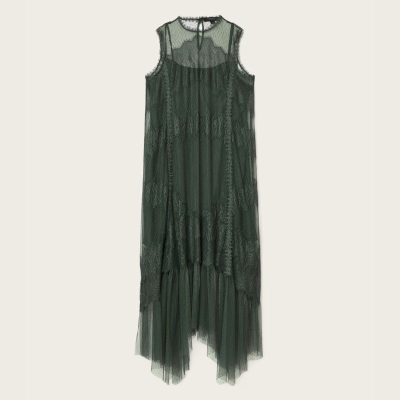 A cutout of a green lace dress by All Saints