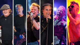 Brian Johnson, Axl Rose, James Hetfield, Bruce Dickinson, Ozzy Osbourne and Maynard James Keenan on stage at various points through the years