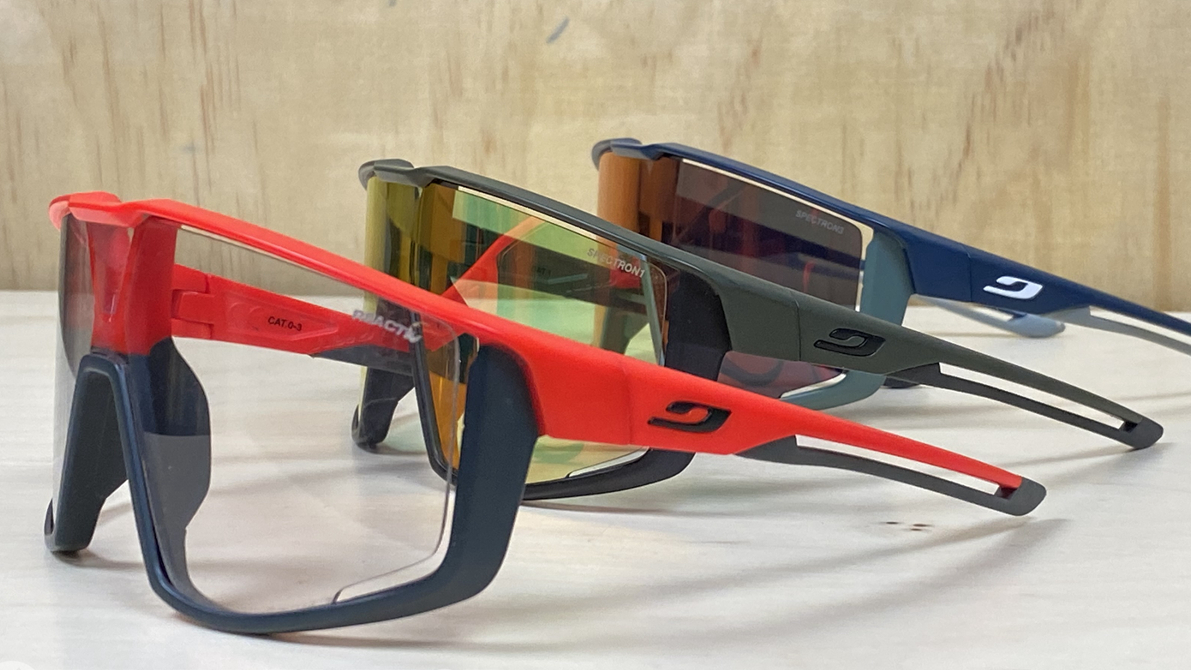 Three pairs of Julbo Fury sunglasses on a table
