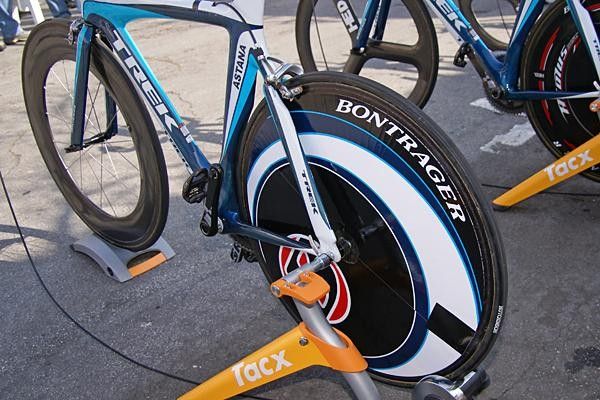 Astana is using a mix of rear discs, such as this Lightweight model covered by Bontrager decals supplied by Victory Circle Graphix.