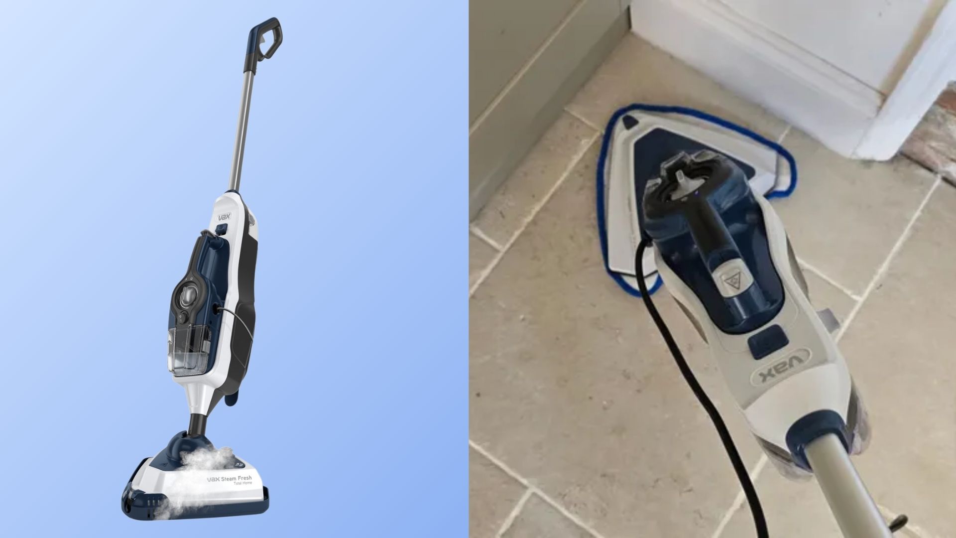Vax Total Home Pro Steam Cleaner being tested on a tile floor with a press image on a blue backround