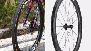 Left shows Demi Vollering's front wheel, right shows existing Roval Rapide CLX II