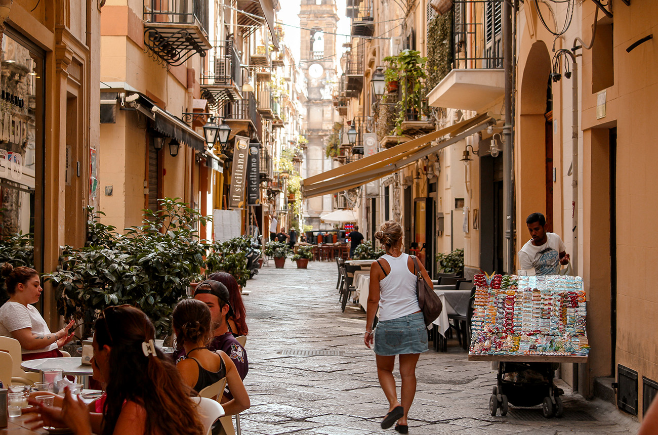 Palermo street scene with restaurant