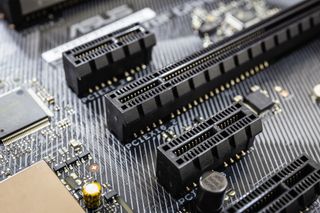 Closeup of PCI Expess port slot on modern black motherboard