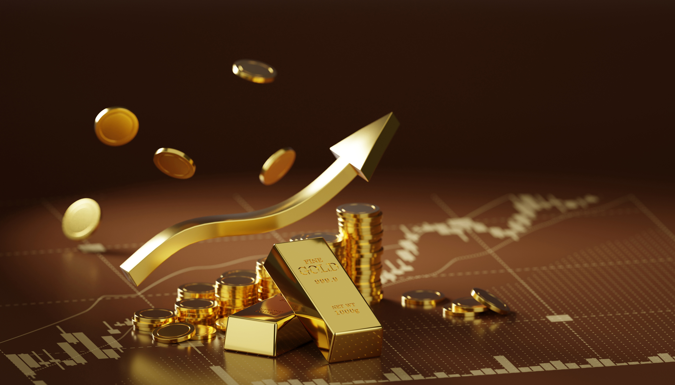 Gold arrow pointing upwards, alongside gold bars and gold coins and a pricing chart trending upwards