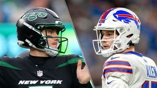 (L to R) Mike White #5 of the New York Jets will face off against Josh Allen #17 of the Buffalo Bills in the Jets vs Bills live stream