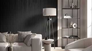 a living room with acoustic wall panelling