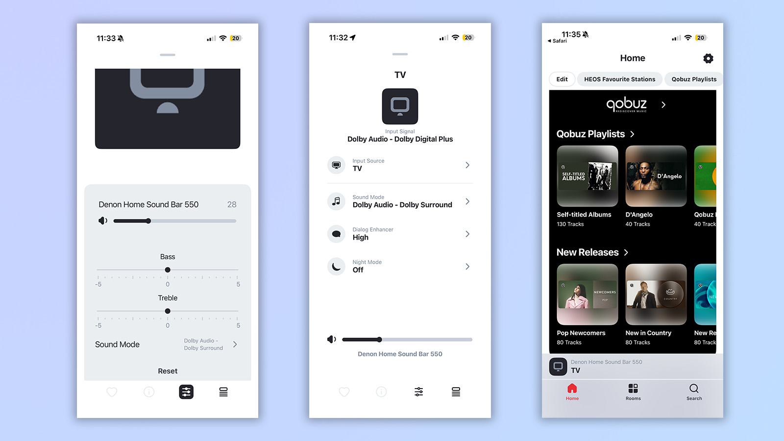 three screenshots from the denon HEOS app showing remote control, the music streaming service integration, and a variety of control features