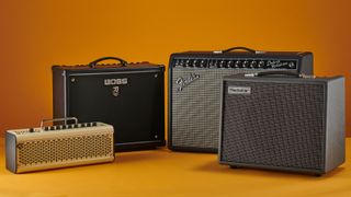 Boss Katana, Fender Tone Master, Yamaha THR, and Blackstar Silverline modelling amps on an orange background