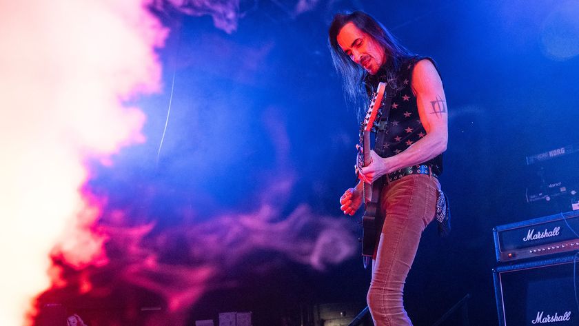 Wide shot of Nuno Bettencourt performing onstage during the Above Ground 4 concert benefiting Musicares at The Fonda Theatre on October 26, 2025 in Los Angeles, California
