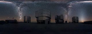 This amazing image seems to show the Milky Way streaming down not once, but twice, at ESO's Very Large Telescope on Chile's Cerro Paranal mountain. Actually, the photo shows a 360-degree panorama of the sky, so the two streams of stars are two halves of the band of the Milky Way arcing across the sky.