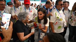 Queen Letizia of Spain meets members of Team Spain after the Men's Single MS3 Round of 32 match between Alexander Ohgren of Team Sweden and Eder Rodriguez of Team Spain at the Paris 2024 Summer Paralympic Games