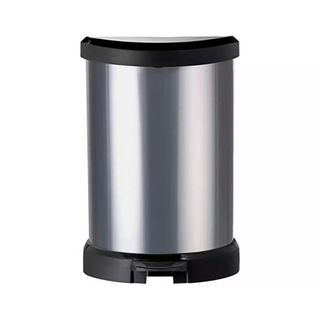 A silver kitchen bin with black accents