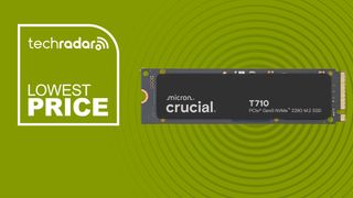 The Crucial T710 2TB NVMe SSD on a green background with text saying Lowest Price.
