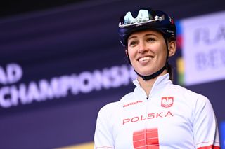 LEUVEN BELGIUM SEPTEMBER 25 Katarzyna Niewiadoma of Poland during the team presentation prior to the 94th UCI Road World Championships 2021 Women Elite Road Race a 1577km race from Antwerp to Leuven flanders2021 on September 25 2021 in Leuven Belgium Photo by Alex Broadway PoolGetty Images