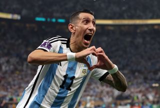Angel Di Maria celebrates after scoring for Argentina against France in the 2022 World Cup final.