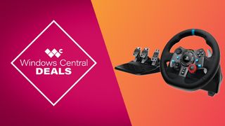 Gaming steering wheel and pedals set on a vibrant background with text 'Windows Central Deals' in a white diamond frame on the left.