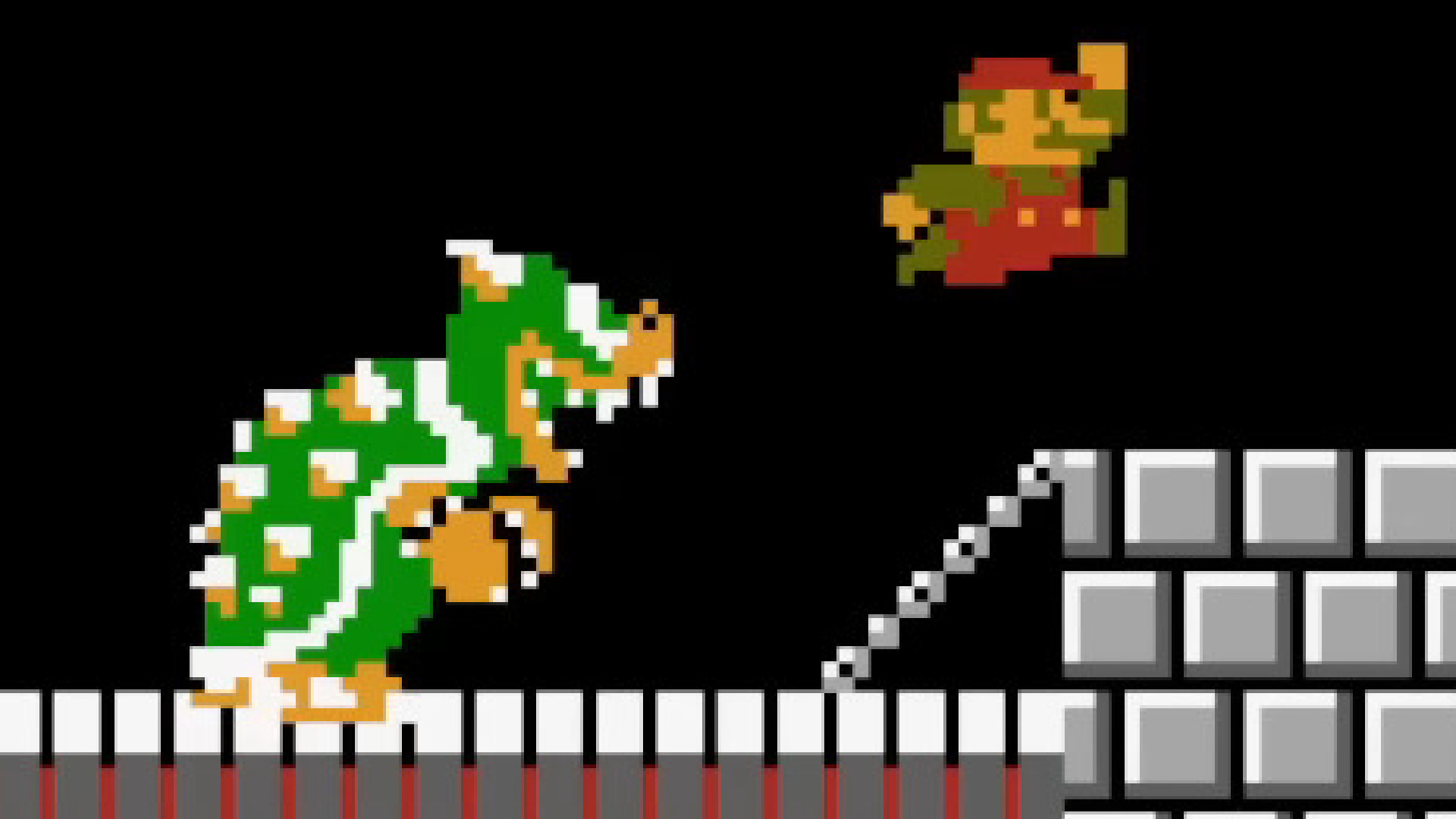 Mario jumps over Bowser in the original Super Mario Bros