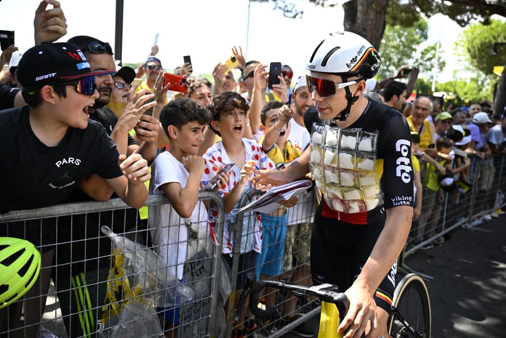 Belgian Arnaud De Lie of Lotto Dstny wearing an ice cooling vest pictured at the start of stage 2 of the 2024 Tour de France cycling race, from Cesenatico, Italy to Bologna, Italy (198,7km) on .