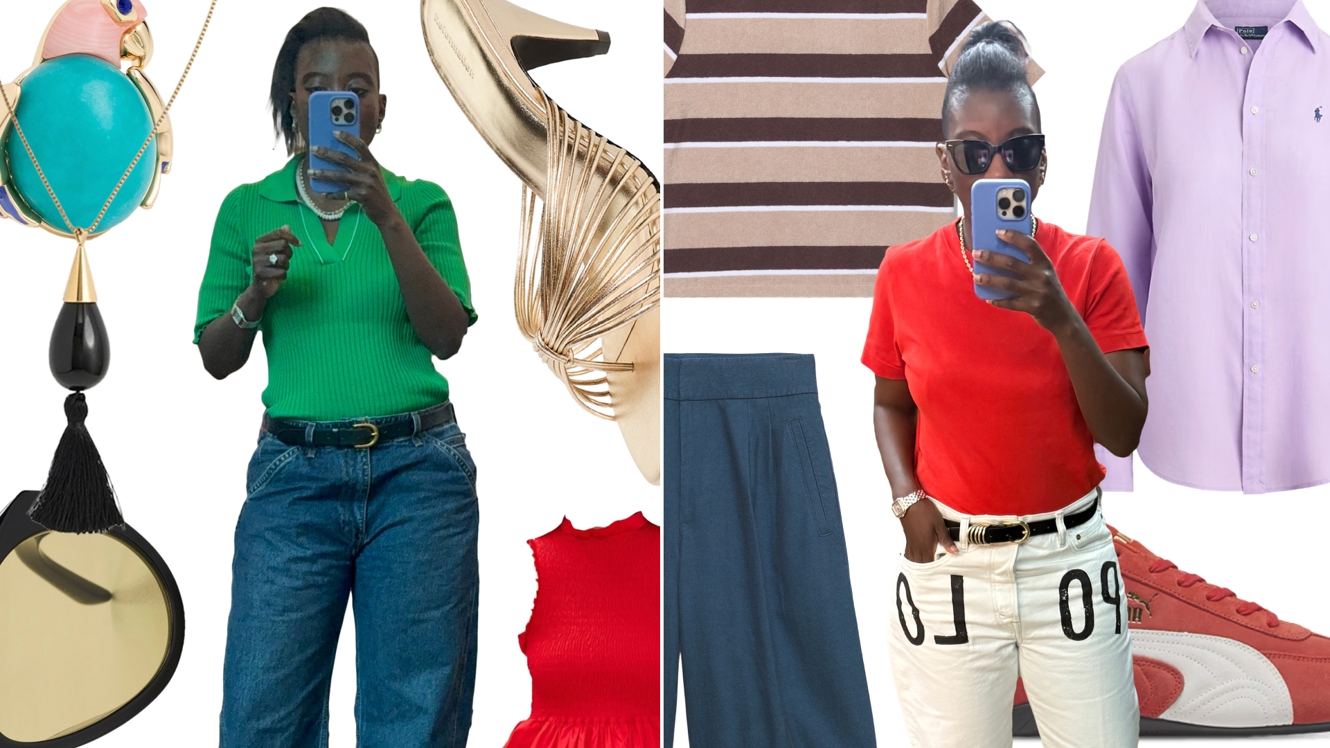 collage of Nikki Ogunnaike wearing summer styles for Self Checkout